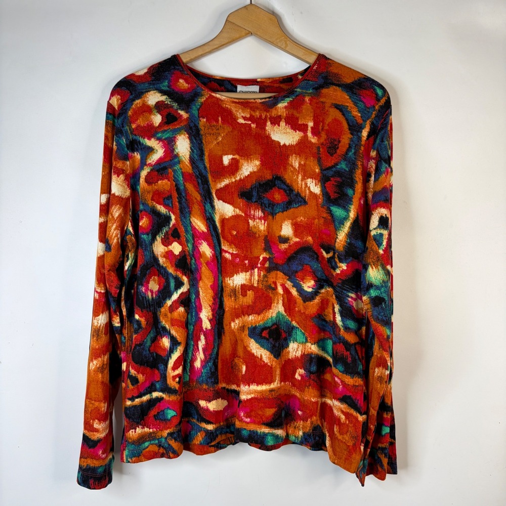Chico's Long Sleeve Top Women Size 3 Multicolor Abstract Ikat Print Knit Shirt